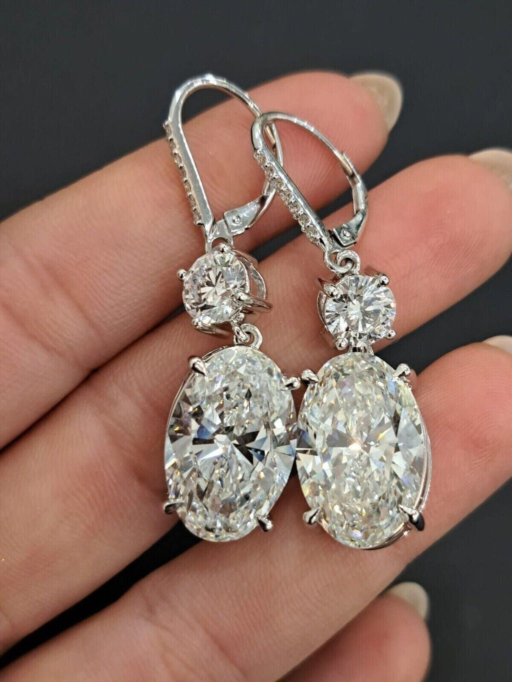 Last Piece ! Certified Huge 22.68Ct Oval & Round Diamond Dangle Drop Earrings in 18k White Gold