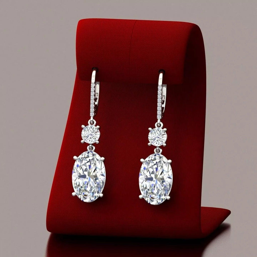 Last Piece ! Certified Huge 22.68Ct Oval & Round Diamond Dangle Drop Earrings in 18k White Gold