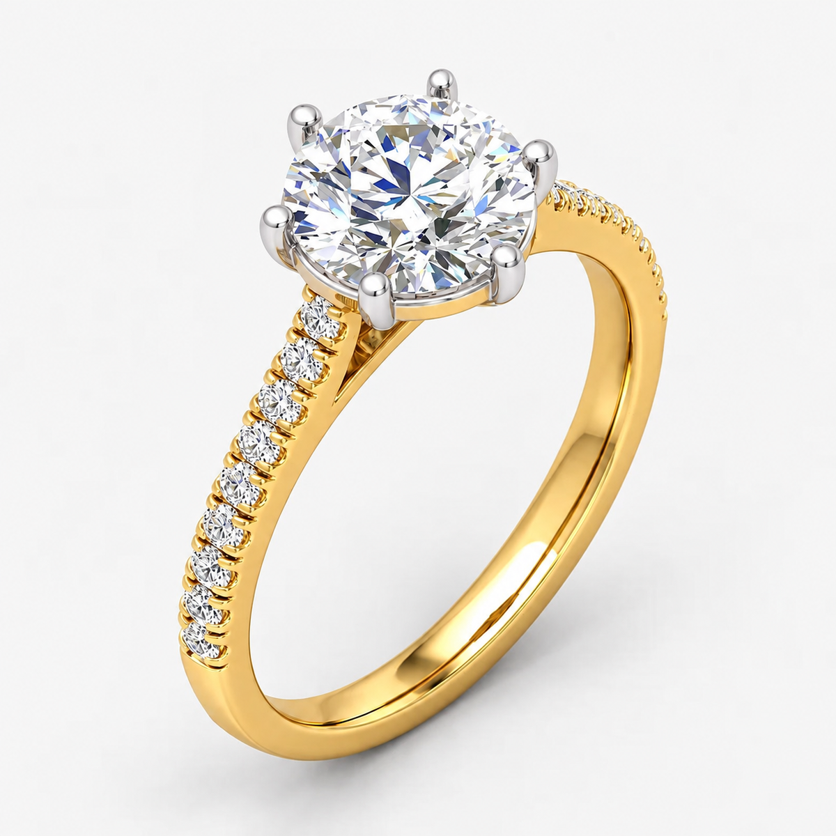 IGI Certified Lab Grown Round Brilliant Cut Diamond Solitaire Engagement Ring with Pavé Band in Gold & Platinum - 1-5ct