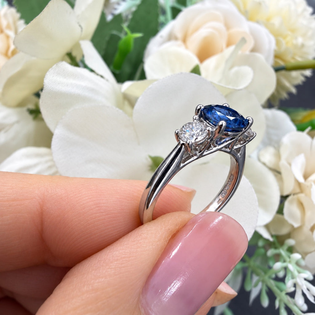 1.50ct Oval Sapphire & Side Round Diamond Trilogy Engagement Ring 950 Platinum