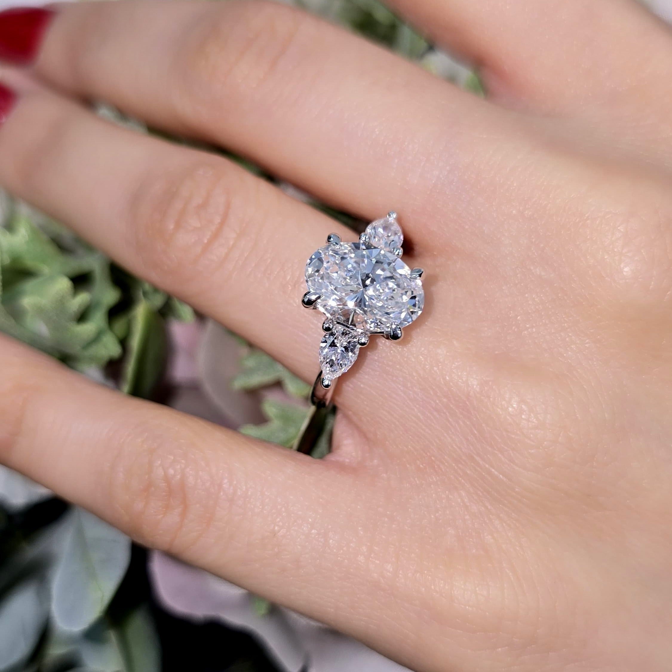 IGI Lab Grown Oval & Pear Shape Diamond Trilogy Ring In Platinum
