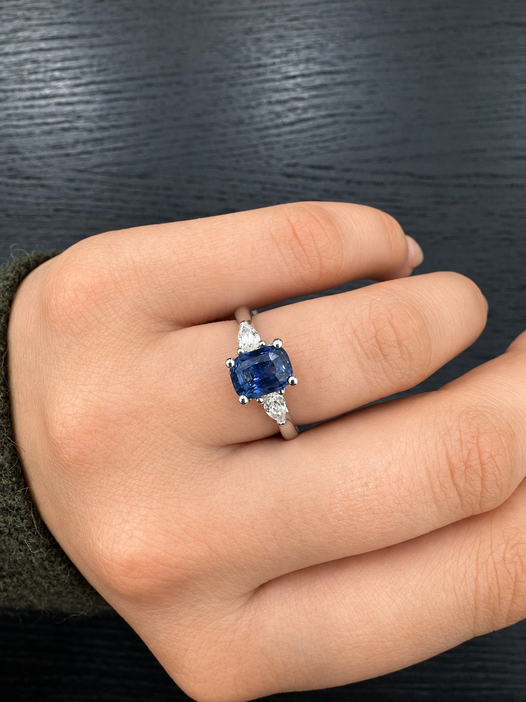 1.00Ct Blue Cushion Sapphire & Side Pear Diamond Three Stone Ring in 950 Platinum
