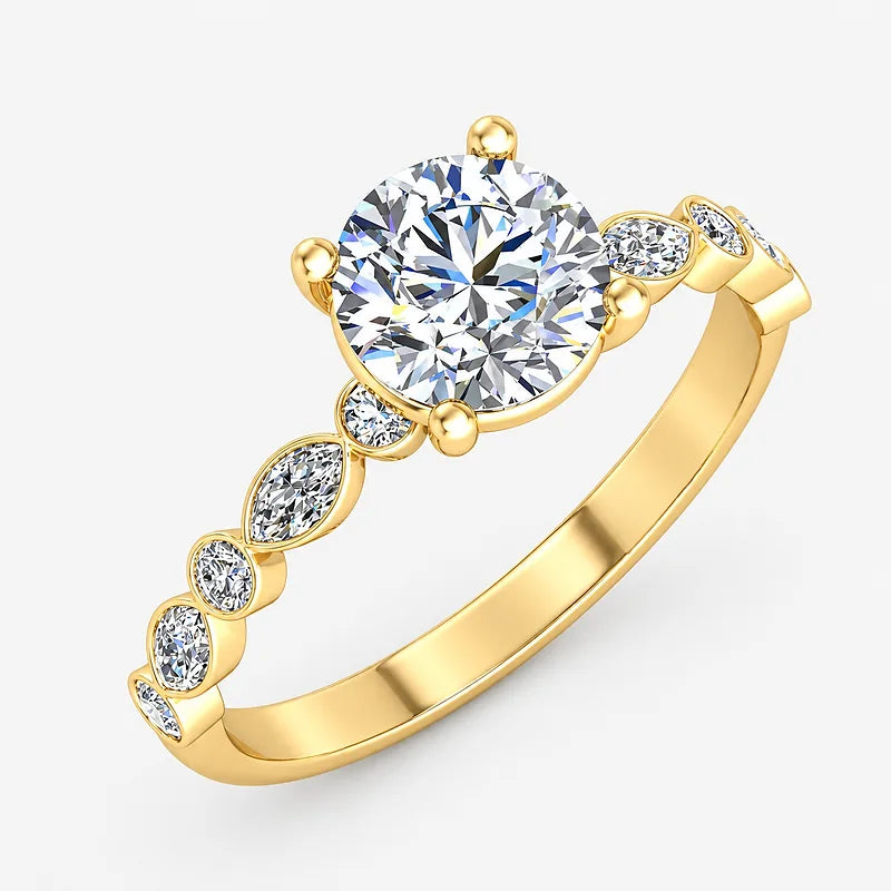 IGI Certified Lab Grown Solitaire Engagement Ring with Alternating Marquise & Round Diamond Accents in Gold & Platinum – 1–5Ct