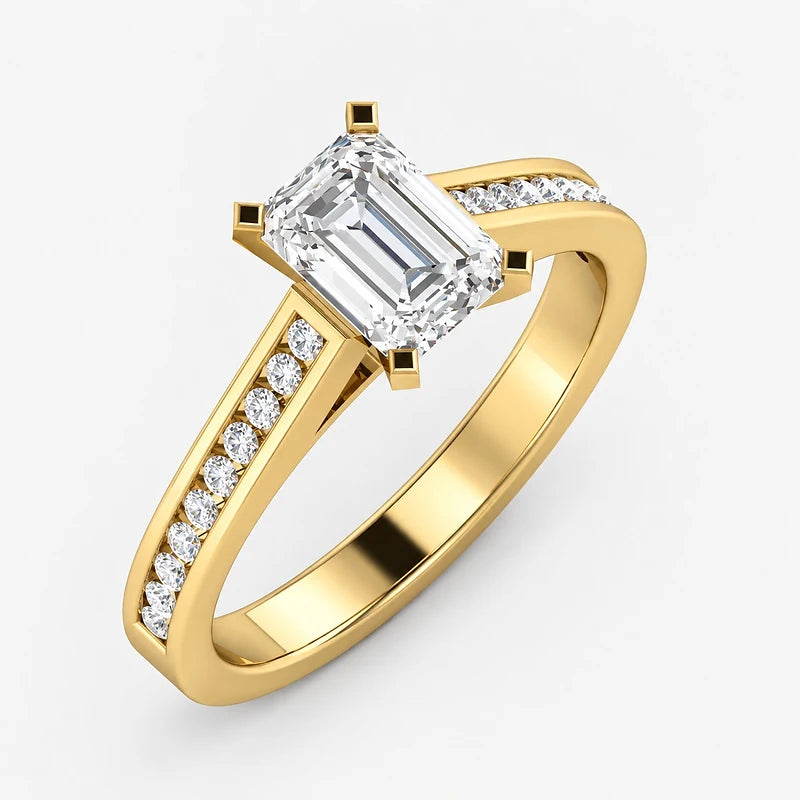 IGI Certified Lab Grown Emerald Cut & Round Diamond Claw & Channel Set Engagement Ring in Gold & Platinum – 1–4Ct