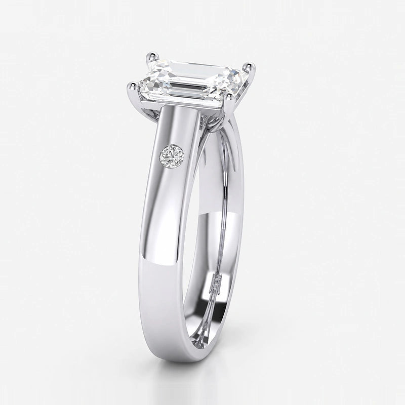 IGI Certified Lab Grown Emerald Cut Diamond with Round Side Stones Claw & Bezel Engagement Ring in Gold & Platinum – 1–4Ct