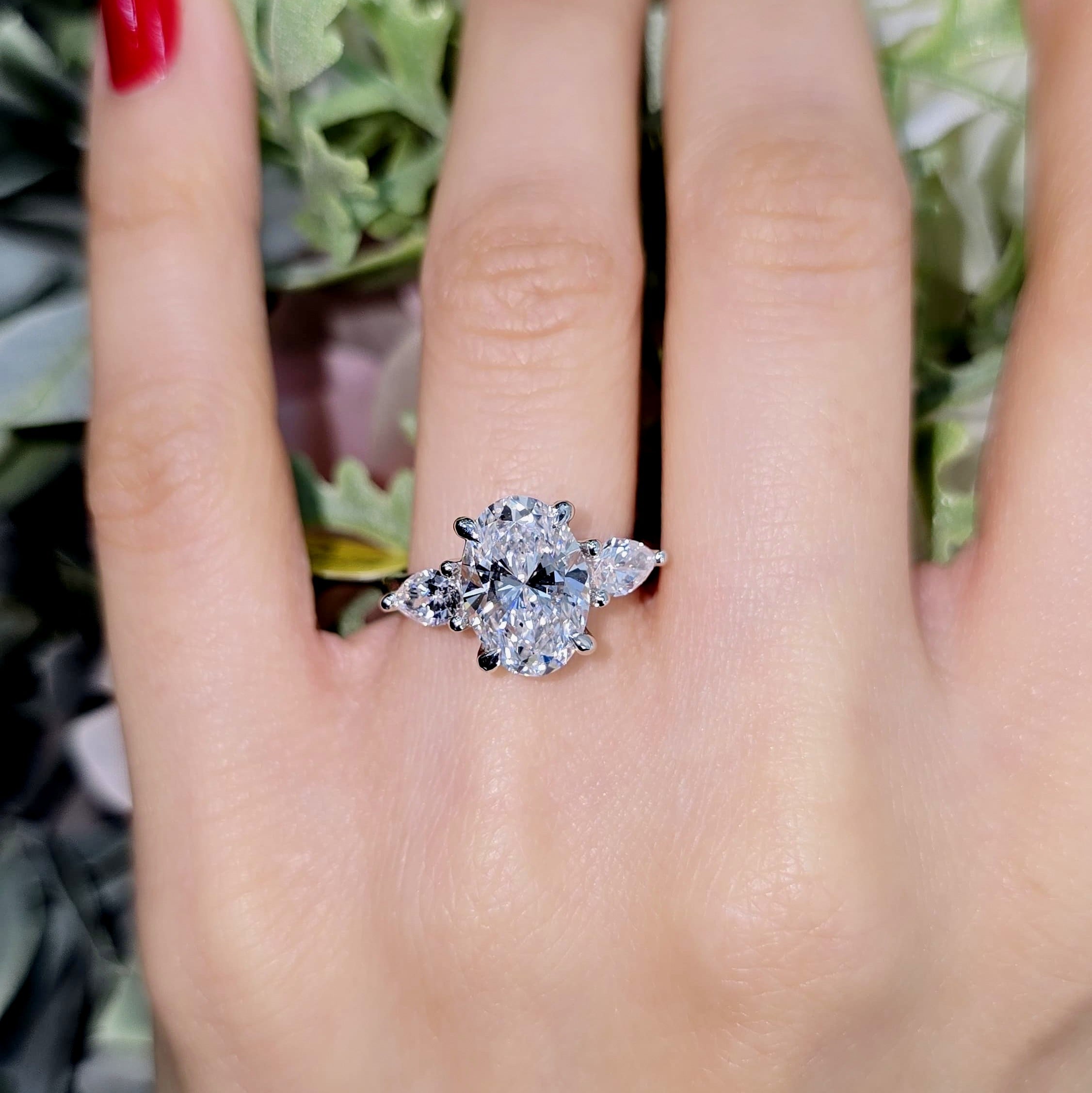 IGI Lab Grown Oval & Pear Shape Diamond Trilogy Ring In Platinum