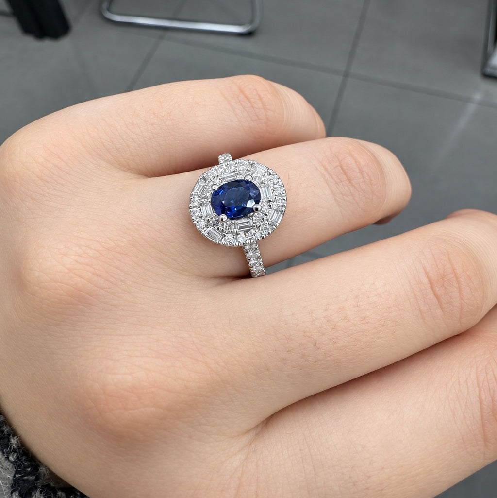 Sapphire Oval & Round & Baguette Diamond Cluster Double Halo Set Engagement Ring 950 Platinum