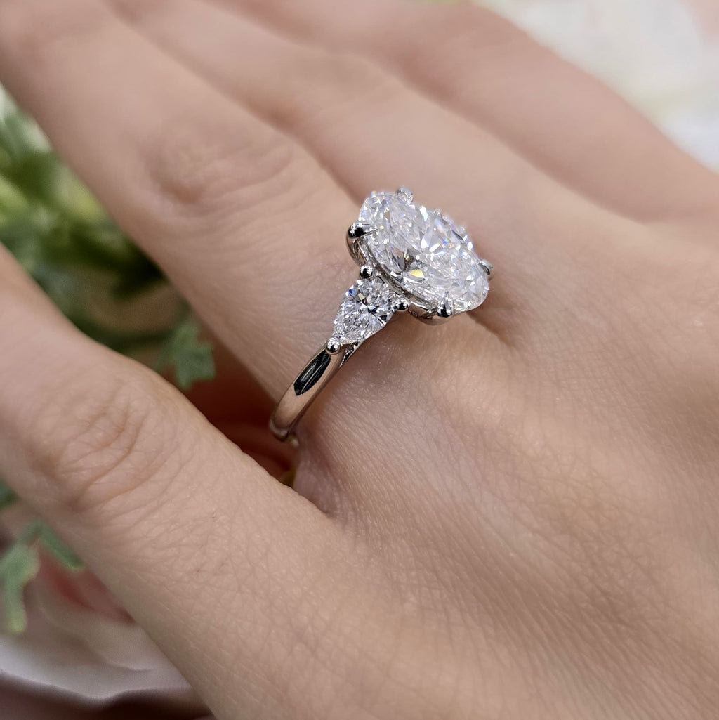 IGI Lab Grown Oval & Pear Shape Diamond Trilogy Ring In Platinum