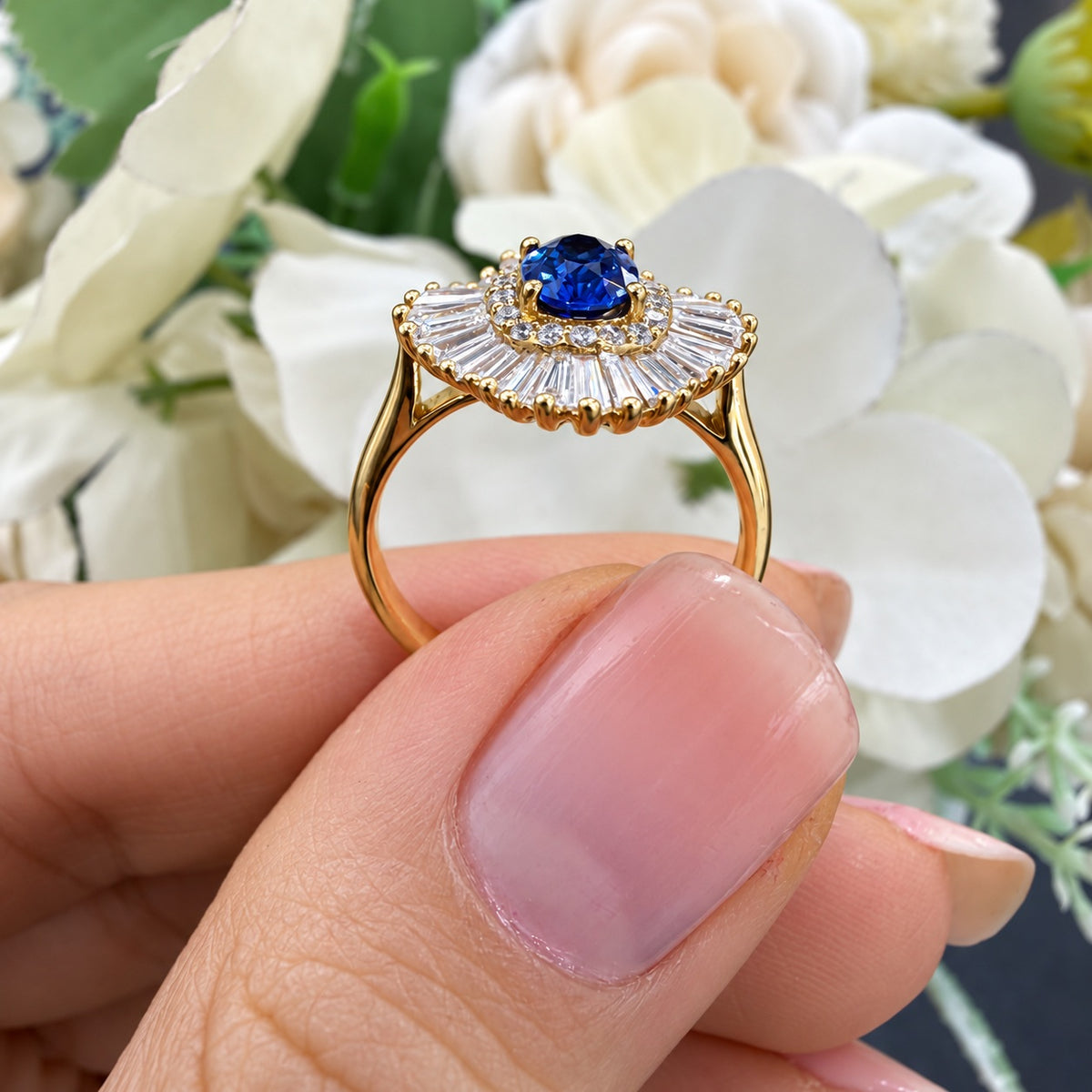 2.00 Carat Natural Oval Sapphire & Side Baguette & Round Diamond Cluster Halo Ring 18k Yellow Gold