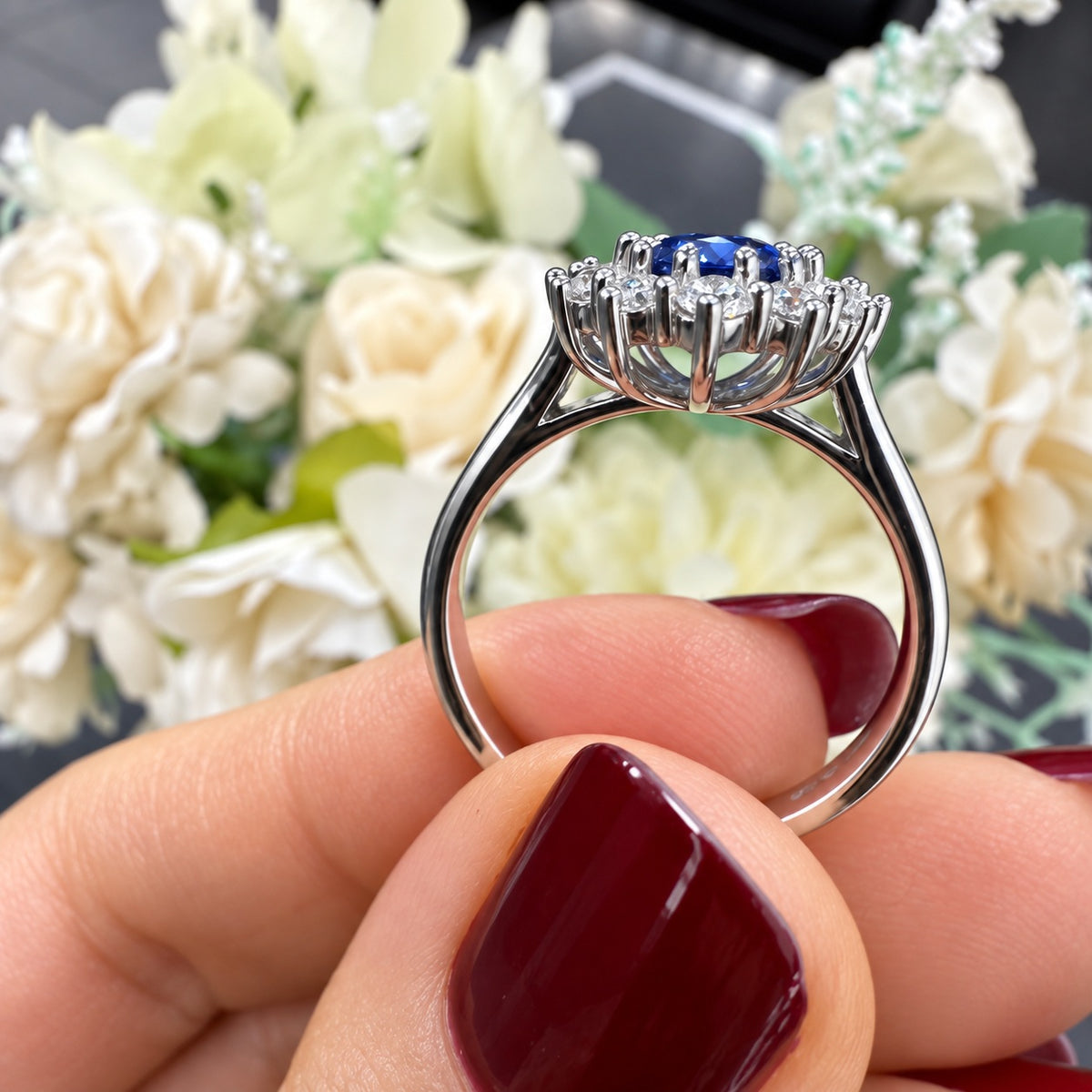 950 Platinum Halo Cluster Ring 3.00 Carat Light Blue Sapphire & Round Diamond