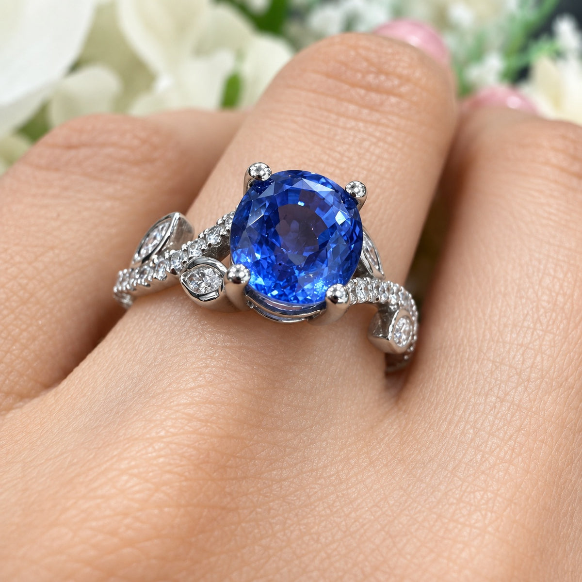 Petite Twist 3.00Ct Blue Oval Sapphire & Round Diamond Engagement Ring Platinum