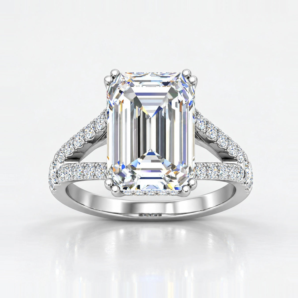 IGI Certified Lab Grown Emerald Cut Diamond with Round Side Stones Engagement Ring in Gold & Platinum – 1–4Ct
