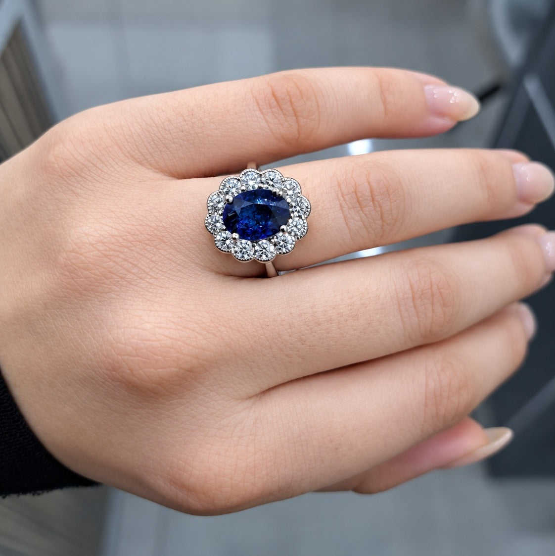 1.50Ct Sapphire Oval & Diamond Cluster Engagement Ring 950 Platinum