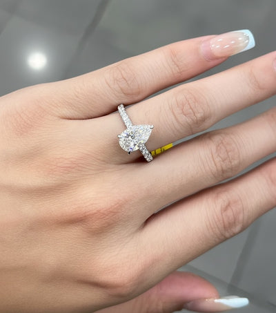 Certified E/VS Pear Diamond Hidden Halo Engagement Ring