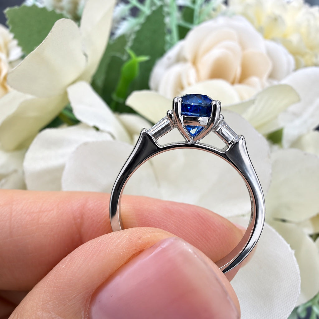 1.50Ct Oval Sapphire & Side Tapper Diamond Trilogy Engagement Ring 950 Platinum