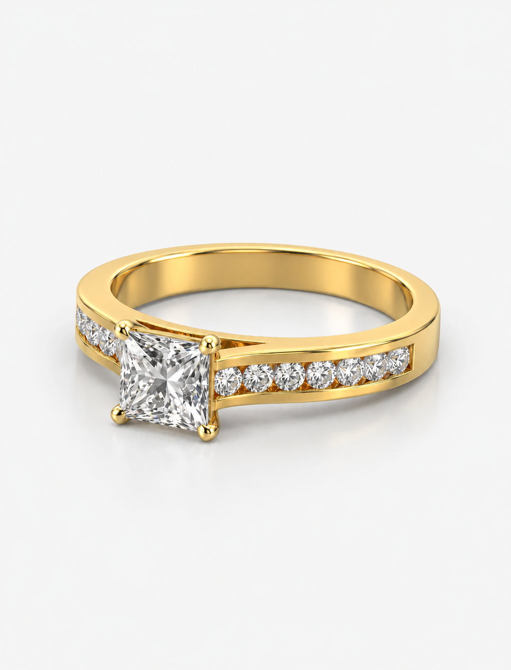Lab Grown IGI Certified Classic Empress Princess-Cut Diamond Engagement Ring with Channel-Set Round Side Diamonds in Gold & Platinum