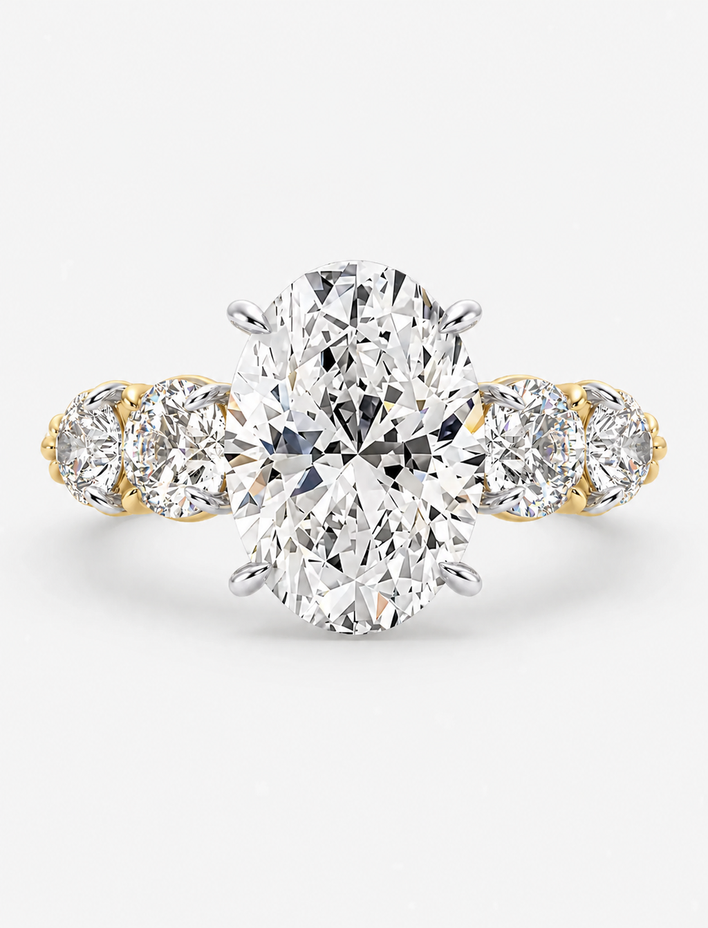 IGI Certified Lab Grown Oval Brilliant Diamond Solitaire Ring with Graduated Round Diamond Accents in Gold & Platinum