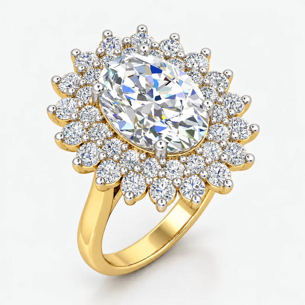 IGI Certified Oval Diamond Double Halo Sunburst Cluster Engagement Ring in Platinum & Gold