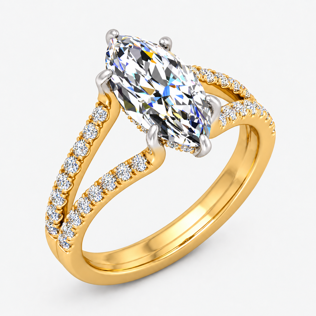 IGI Certified Lab Grown Marquise Cut Ring with Round Side Diamonds, Hidden Halo & Split Shank in Platinum & Gold - 1-5ct