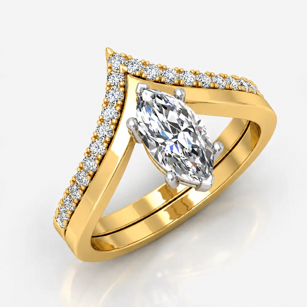 IGI Certified Lab Grown Curved Marquise Diamond Halo Bridal Set Ring with Matching Band in Gold & Platinum - 1-5ct