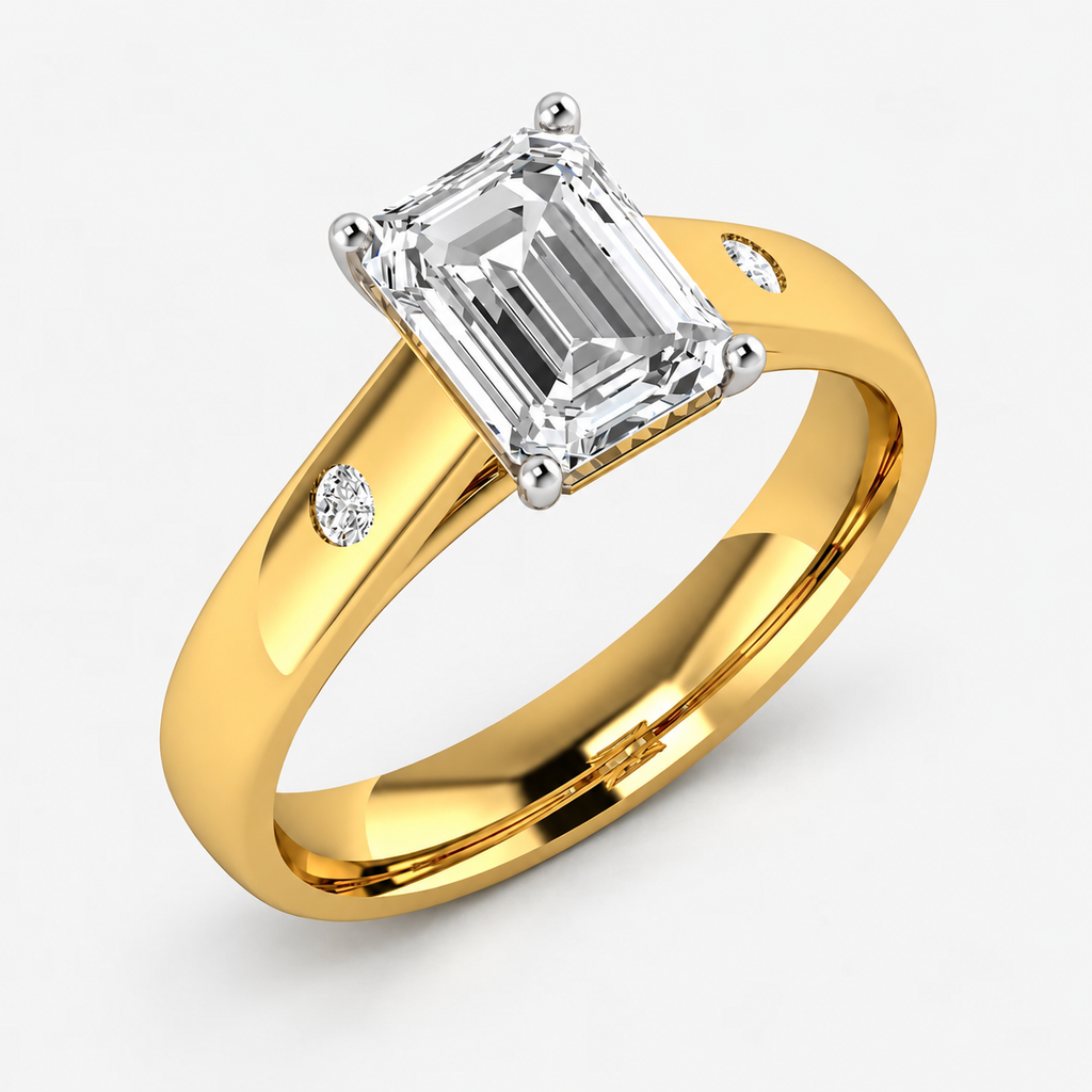 IGI Certified Lab Grown Emerald Cut Diamond with Round Side Stones Claw & Bezel Engagement Ring in Gold & Platinum – 1–4Ct