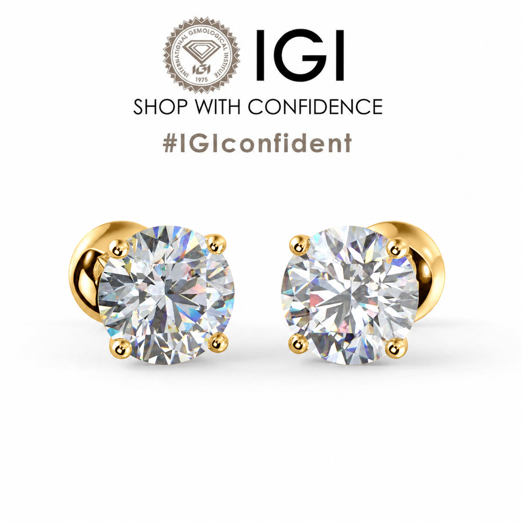 Round Diamond Stud Earrings 2.00 Carat Claw Set Lab Grown IGI Certified in Gold & Platinum