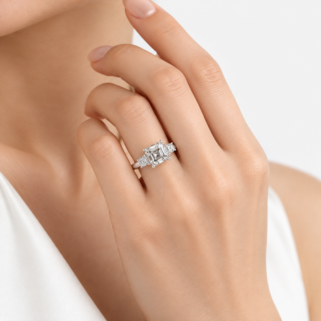 IGI Certified Lab Grown Athena Asscher Cut Three-Stone Diamond Engagement Ring in Gold & Platinum – 1–4Ct
