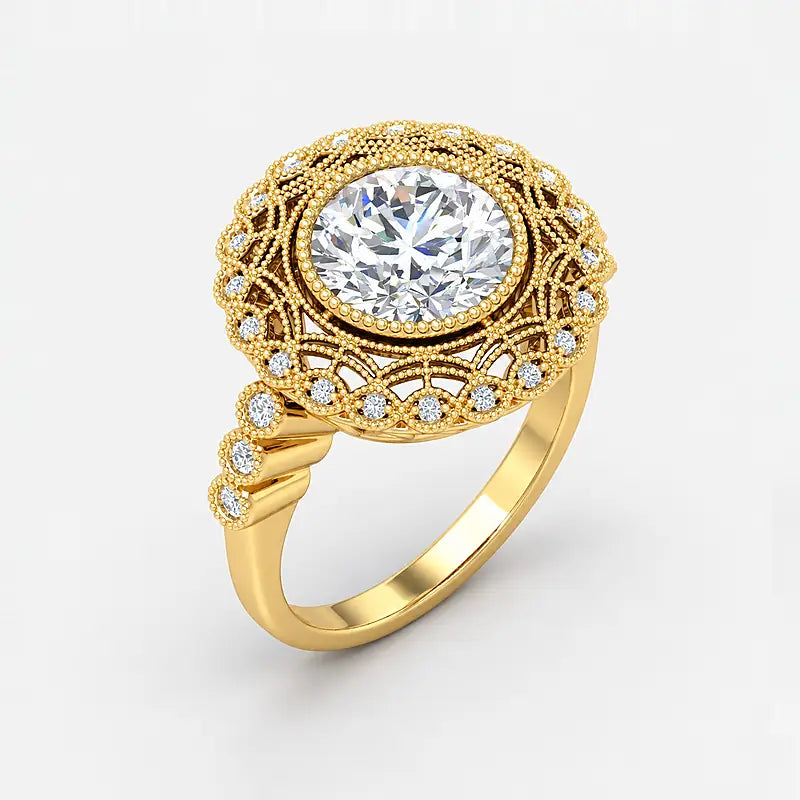 IGI Certified Lab Grown Miligrain Vintage Inspired Round Cut Filigree Halo Diamond Engagement Ring in Gold & Platinum - 1-5ct