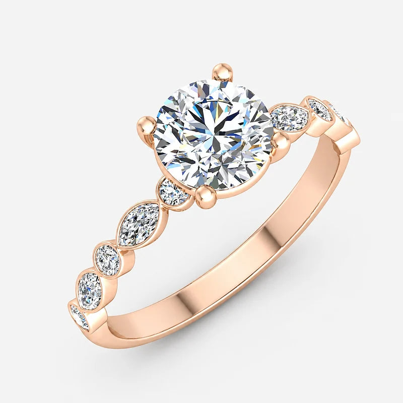 IGI Certified Lab Grown Solitaire Engagement Ring with Alternating Marquise & Round Diamond Accents in Gold & Platinum – 1–5Ct