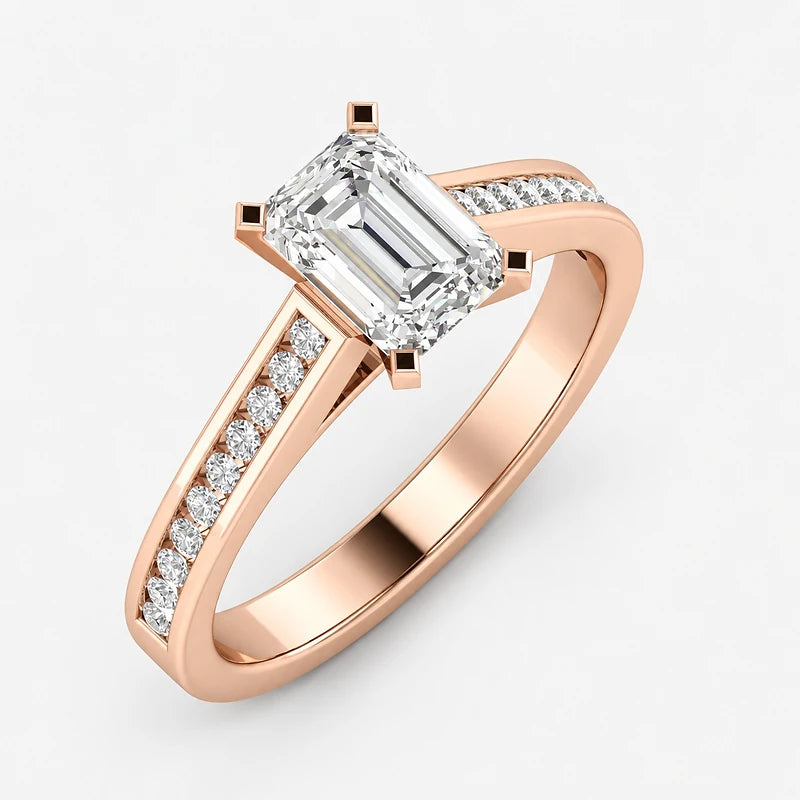 IGI Certified Lab Grown Emerald Cut & Round Diamond Claw & Channel Set Engagement Ring in Gold & Platinum – 1–4Ct