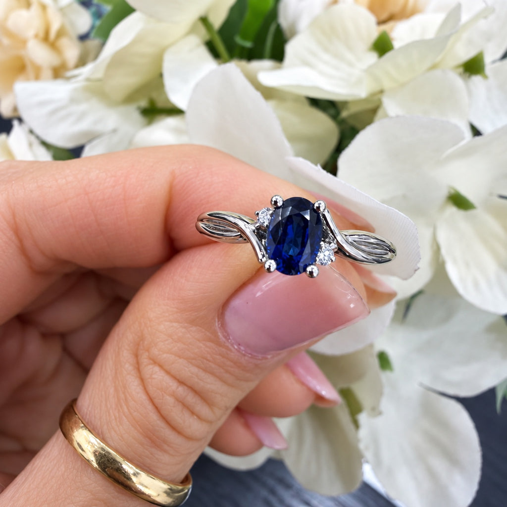 1.00Ct Twisted Blue Sapphire Oval With Side Diamond Engagement Ring 950 Platinum
