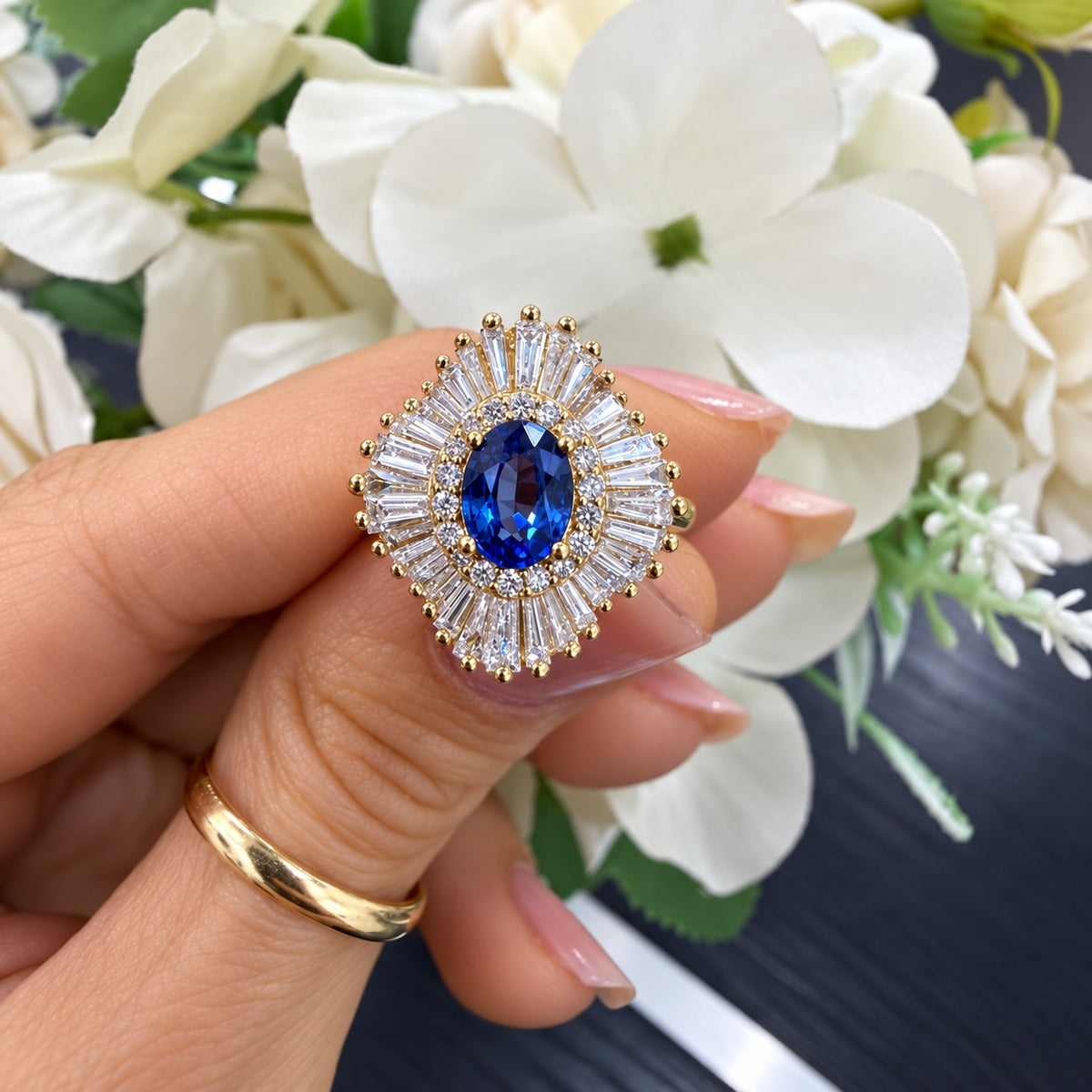 2.00 Carat Natural Oval Sapphire & Side Baguette & Round Diamond Cluster Halo Ring 18k Yellow Gold
