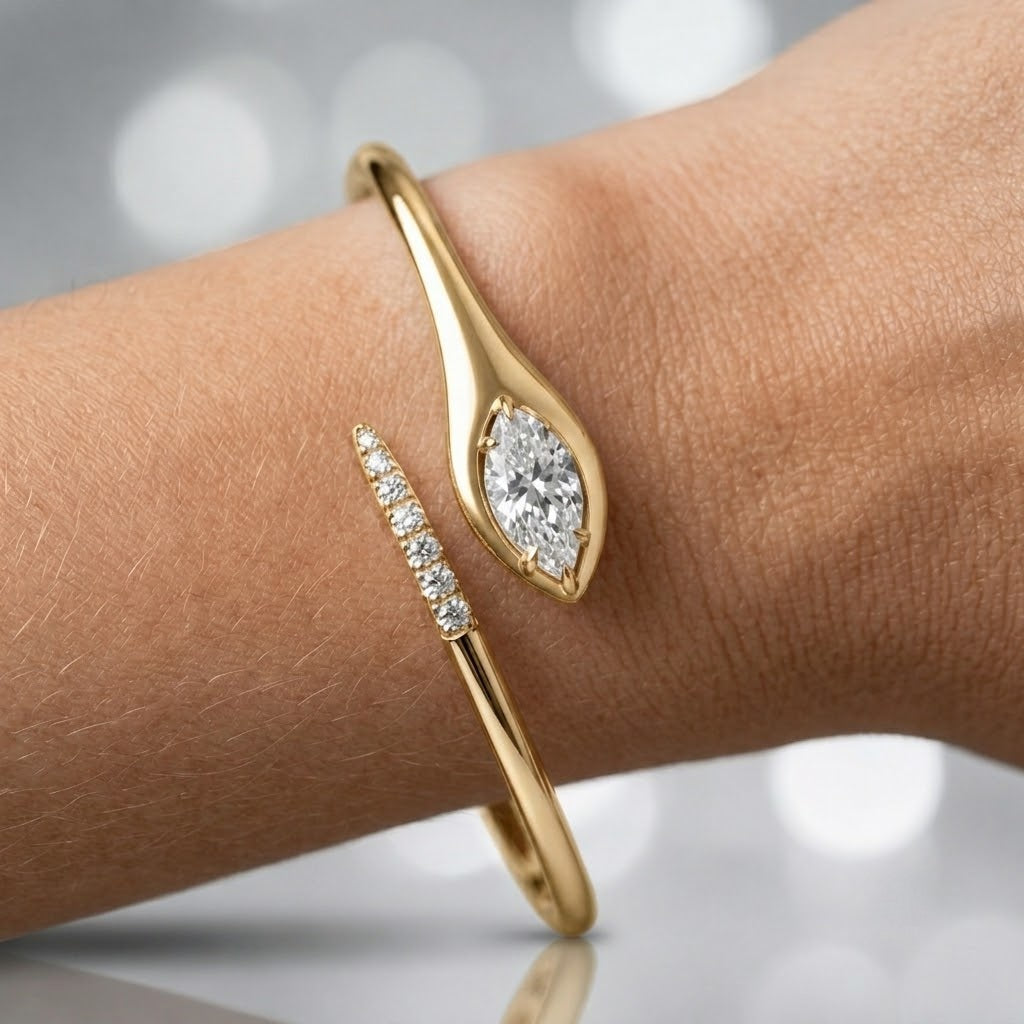 1.00ct Marquise Diamond Tennis Bangle - 9k Yellow Gold