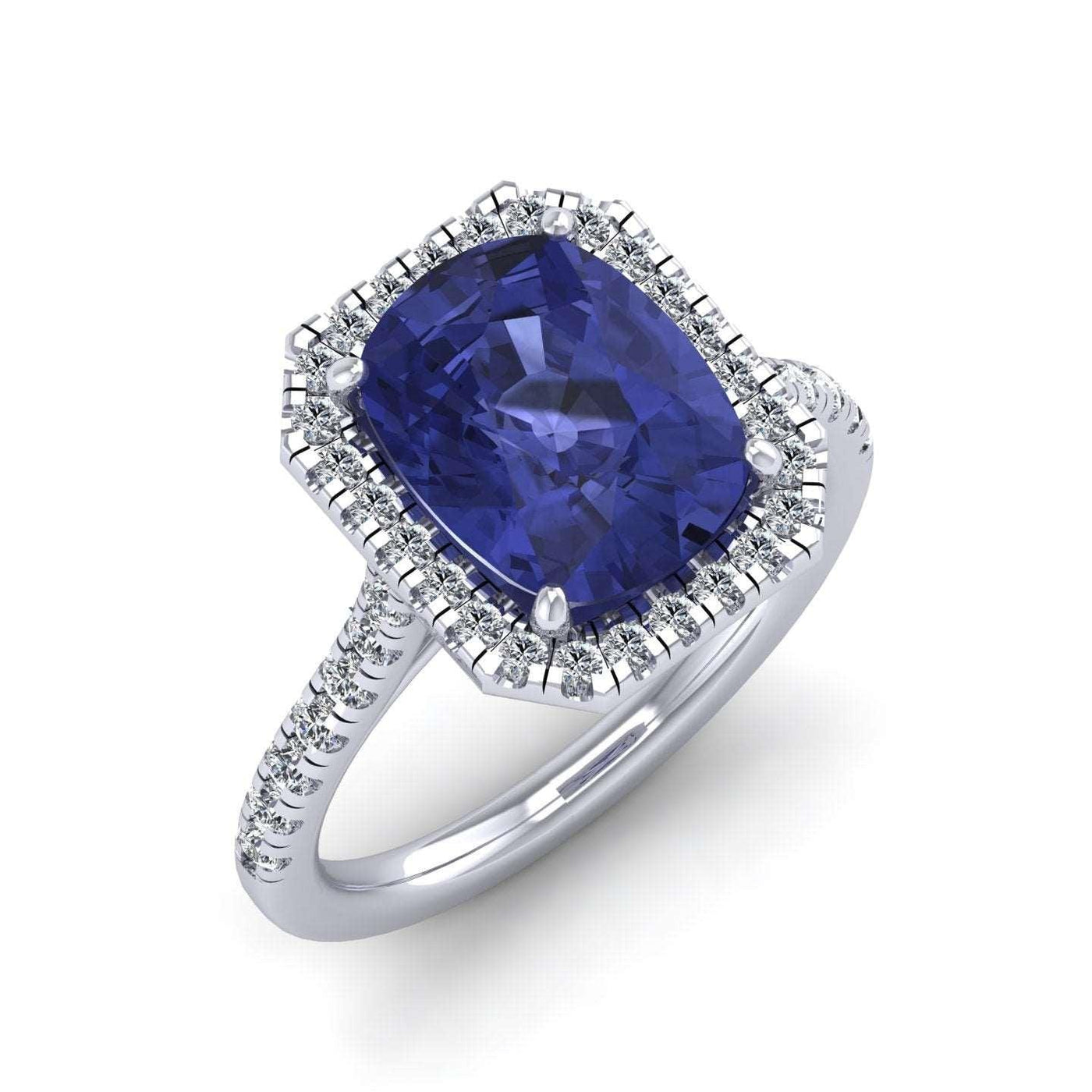 AAA 3.30 Ct Tanzanite Long Cushion & D/VS 0.52 Ct Diamond Halo Ring In Platinum