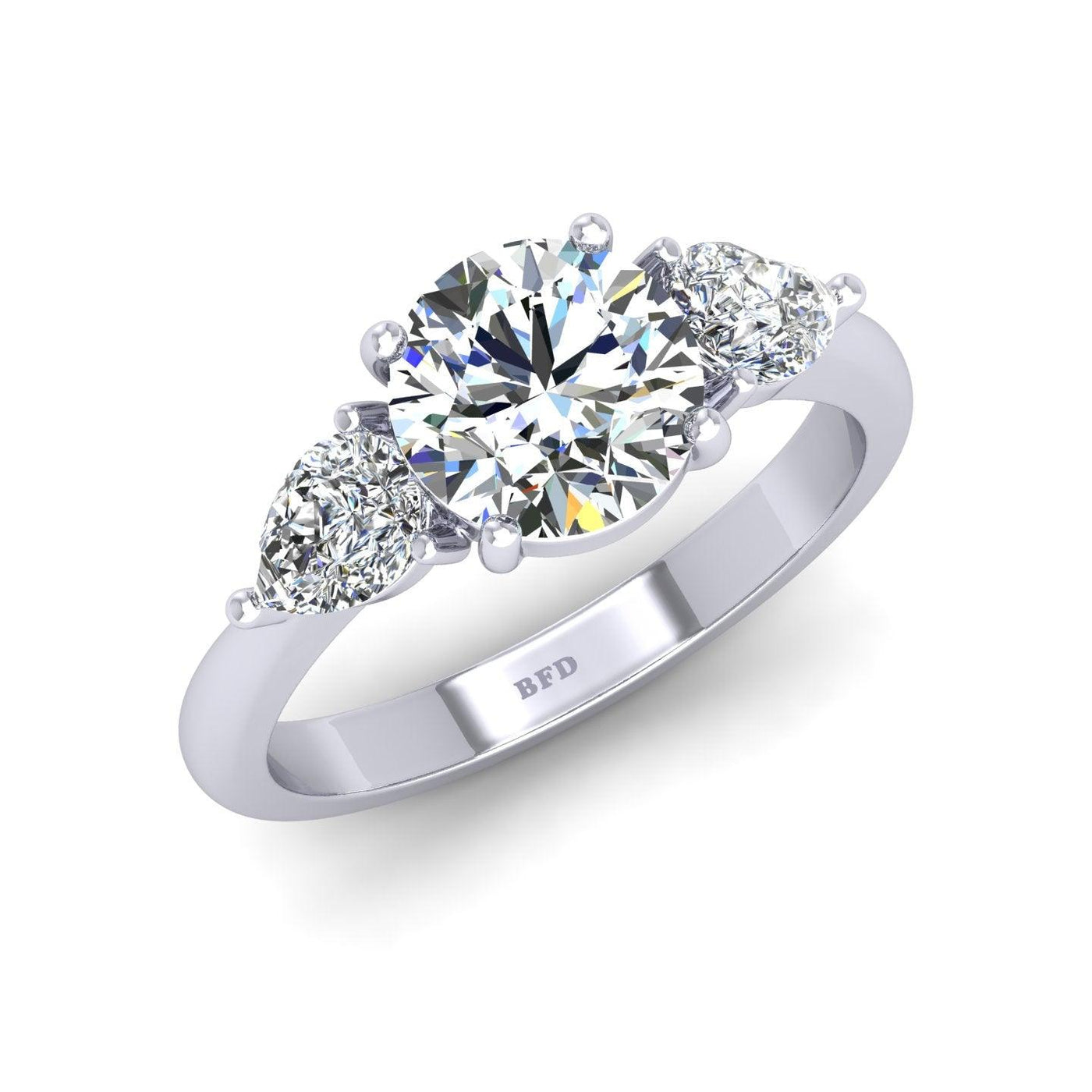 IGI Certified F/VS 3.00 Ct Round With Side Pear Diamond Trilogy Engagement Ring - Platinum