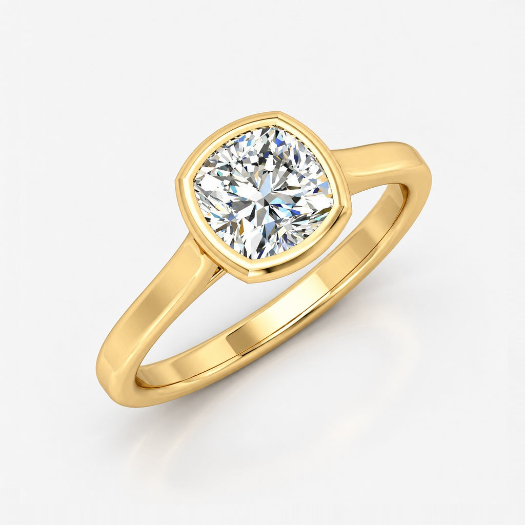 IGI Certified The Flow Cushion Diamond Solitaire Bezel Set Engagement Ring in Gold & Platinum