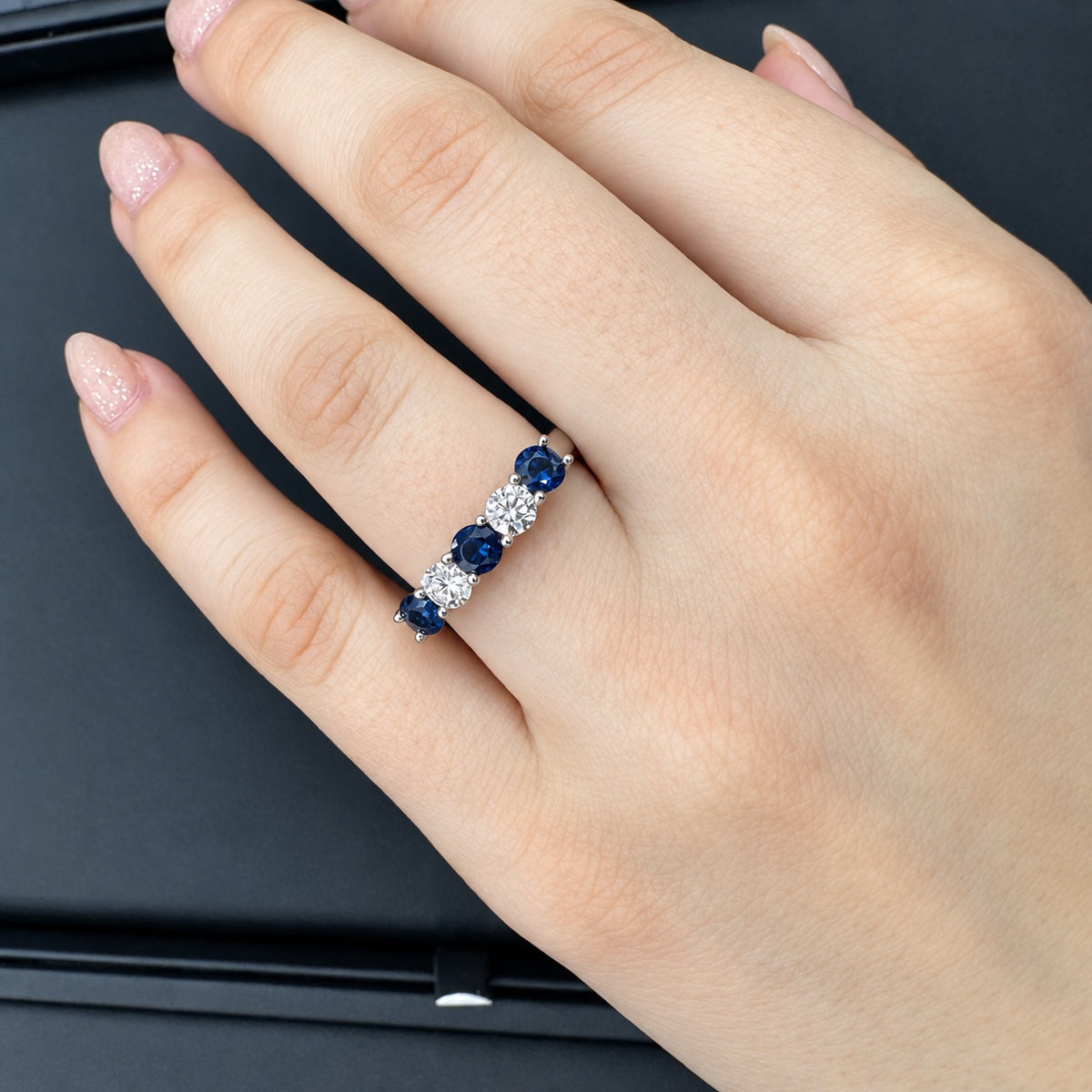 2.00 Carat Blue Sapphire & Round Diamond Five Stone Ring In Platinum