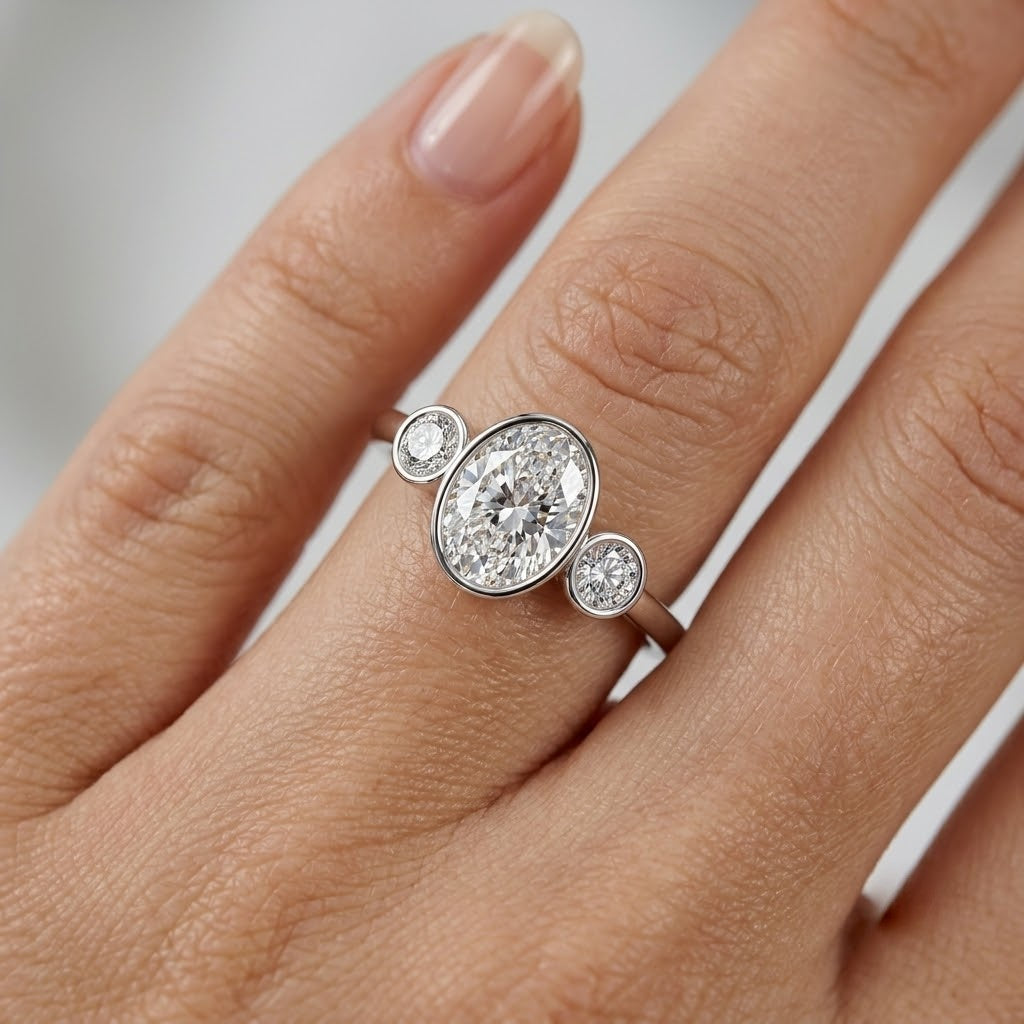 IGI Certified Oval Bezel Lab Grown Diamond Three Stone Engagement Ring