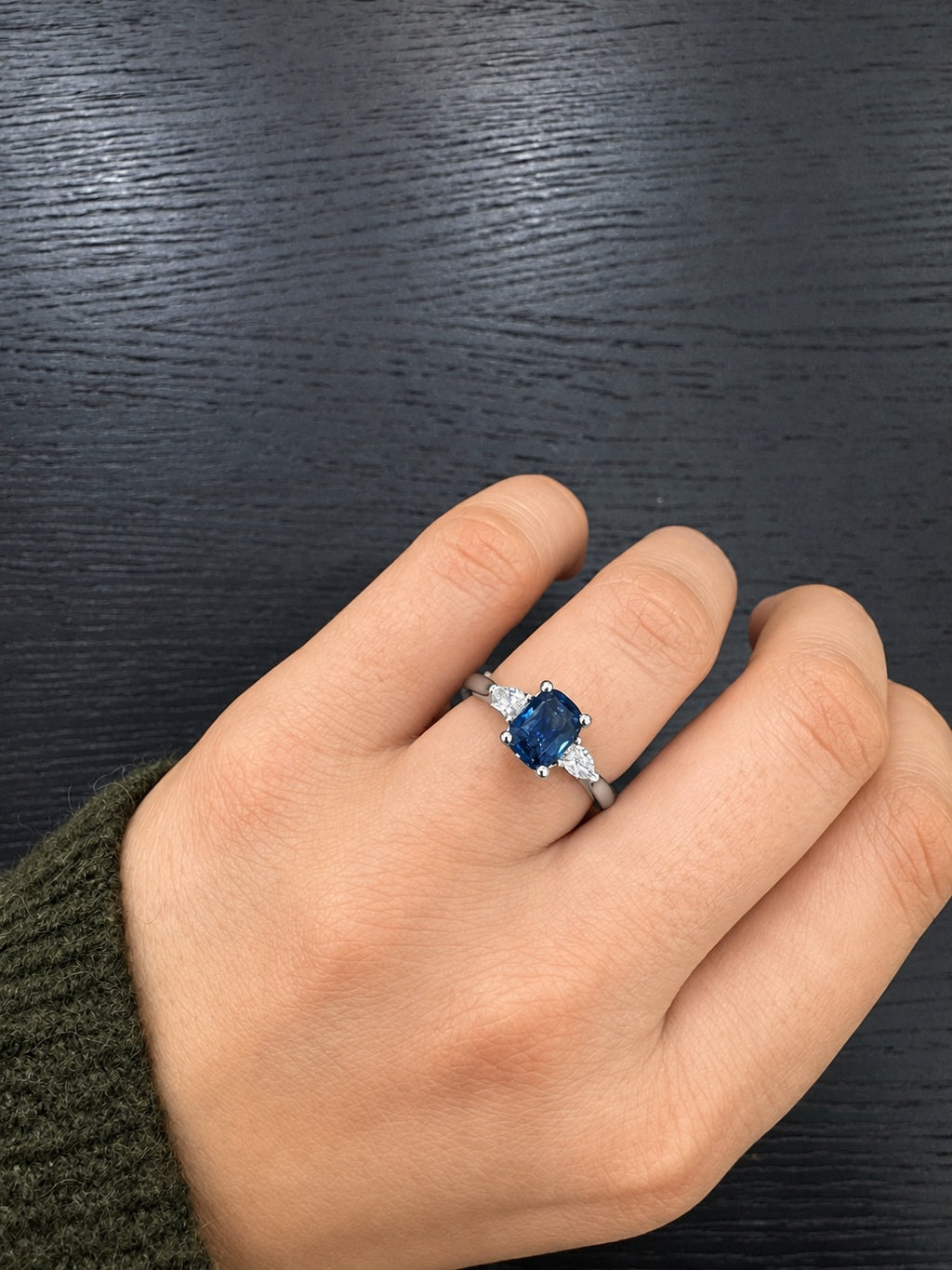 1.00Ct Blue Cushion Sapphire & Side Pear Diamond Three Stone Ring in 950 Platinum