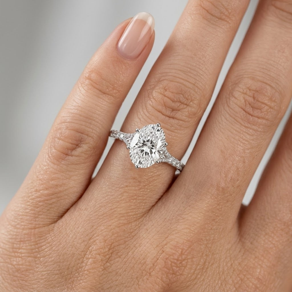 IGI Certified Oval Solitaire Lab Diamond Engagement Ring with Pavé Band