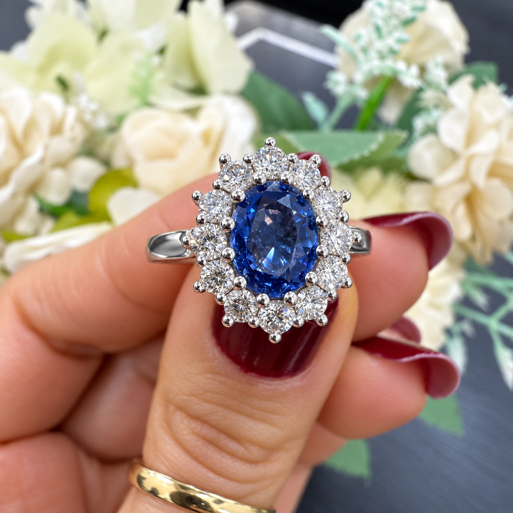 950 Platinum Halo Cluster Ring 3.00 Carat Light Blue Sapphire & Round Diamond