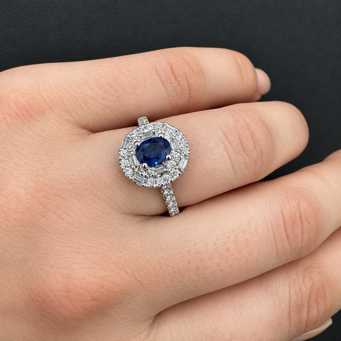 Sapphire Oval & Round & Baguette Diamond Cluster Double Halo Set Engagement Ring 950 Platinum