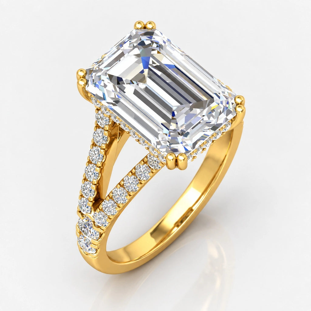 IGI Certified Lab Grown Emerald Cut Diamond with Round Side Stones Engagement Ring in Gold & Platinum – 1–4Ct