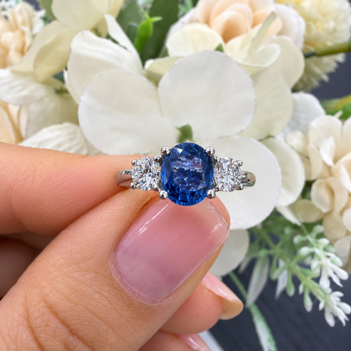 1.50ct Oval Sapphire & Side Round Diamond Trilogy Engagement Ring 950 Platinum