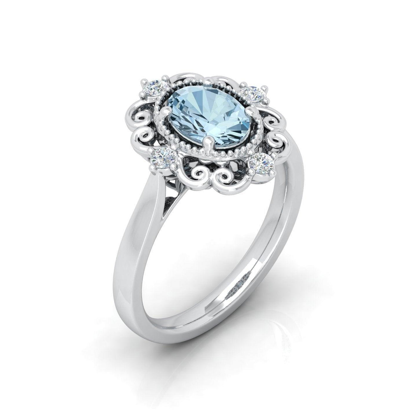 Natural 1.00Ct Oval Blue aquamarine and White Diamond Designer Ring - March Birthstone