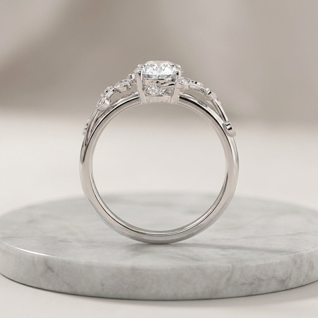 Oval Diamond Leaf Vine Engagement Ring - E/VS