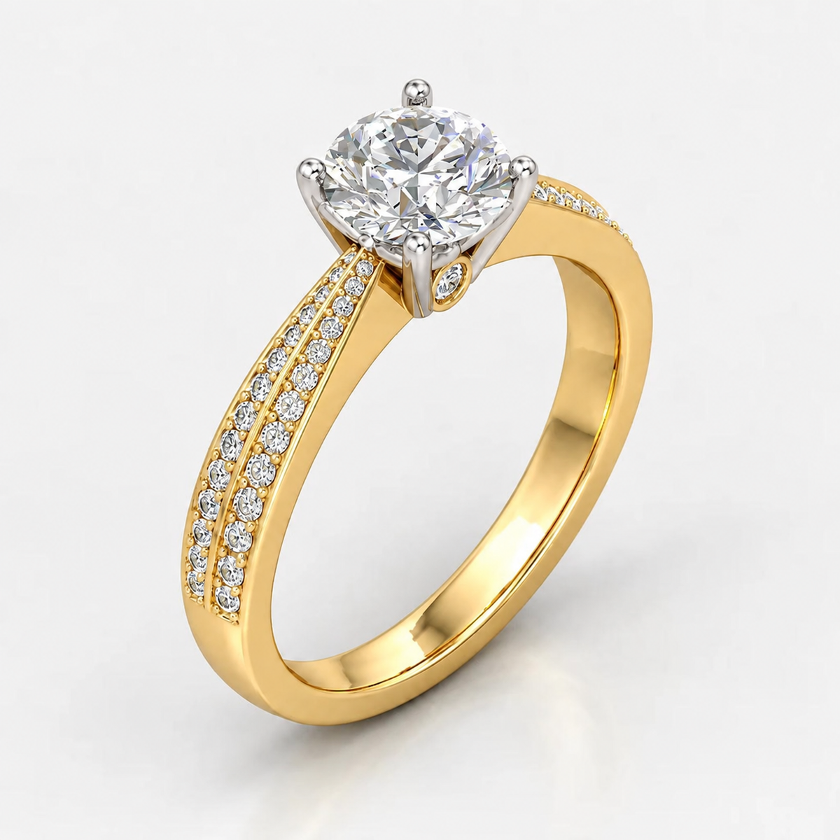 IGI Certified Lab Grown Round Brilliant Cut Diamond Solitaire Engagement Ring with Double-Row Pavé Band in Gold & Platinum - 1-5ct