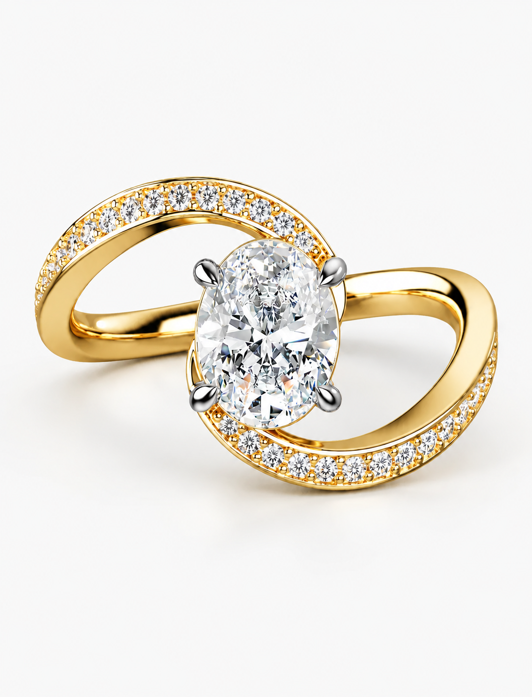 IGI Certified Lab Grown Oval Cut Diamond Infinity Bypass Pavé Engagement Ring in Gold & Platinum