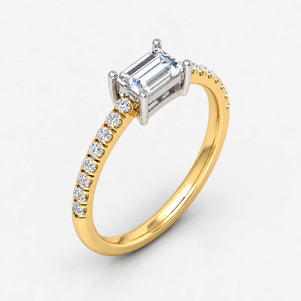 IGI Certified Lab Grown East-West Emerald Cut Diamond with Round Side Stones Claw & Pavé Engagement Ring in Gold & Platinum – 1–4Ct