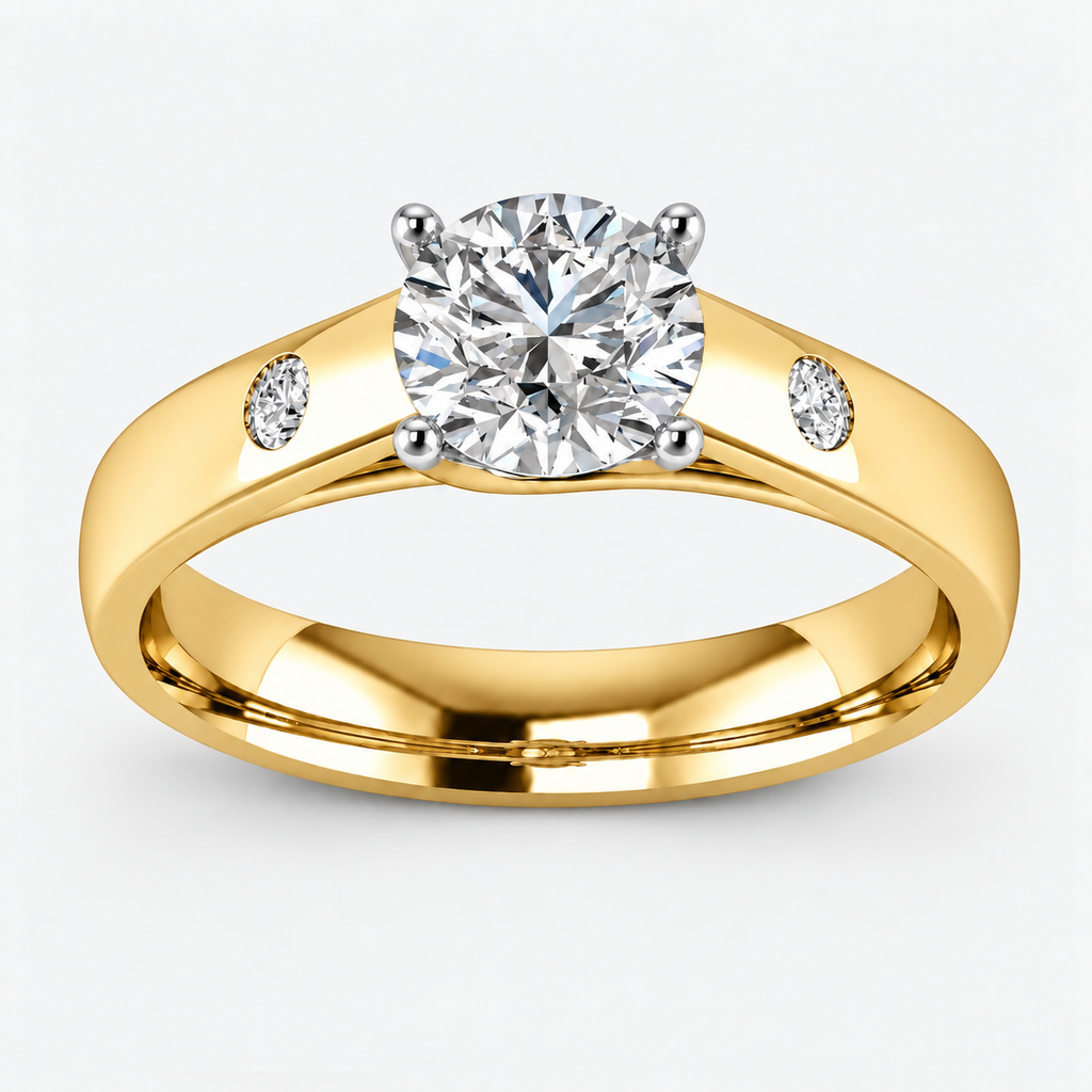 IGI Certified Lab Grown Classic Round Brilliant Cut with side Diamond Bezel Set Engagement Ring in Gold & Platinum – 1–5Ct